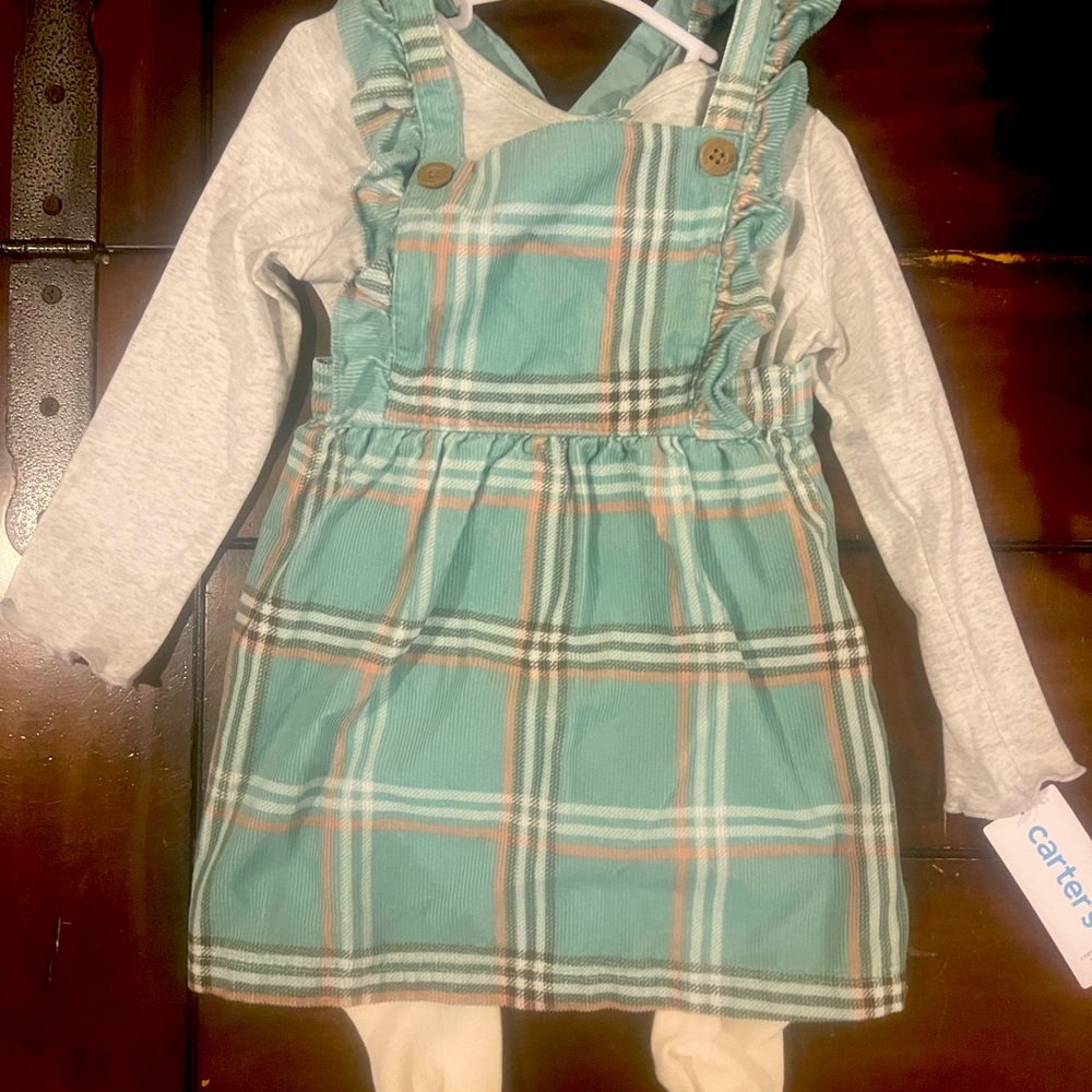Toddler girls teal plaid overall dress with leggings. NWT 24 mos